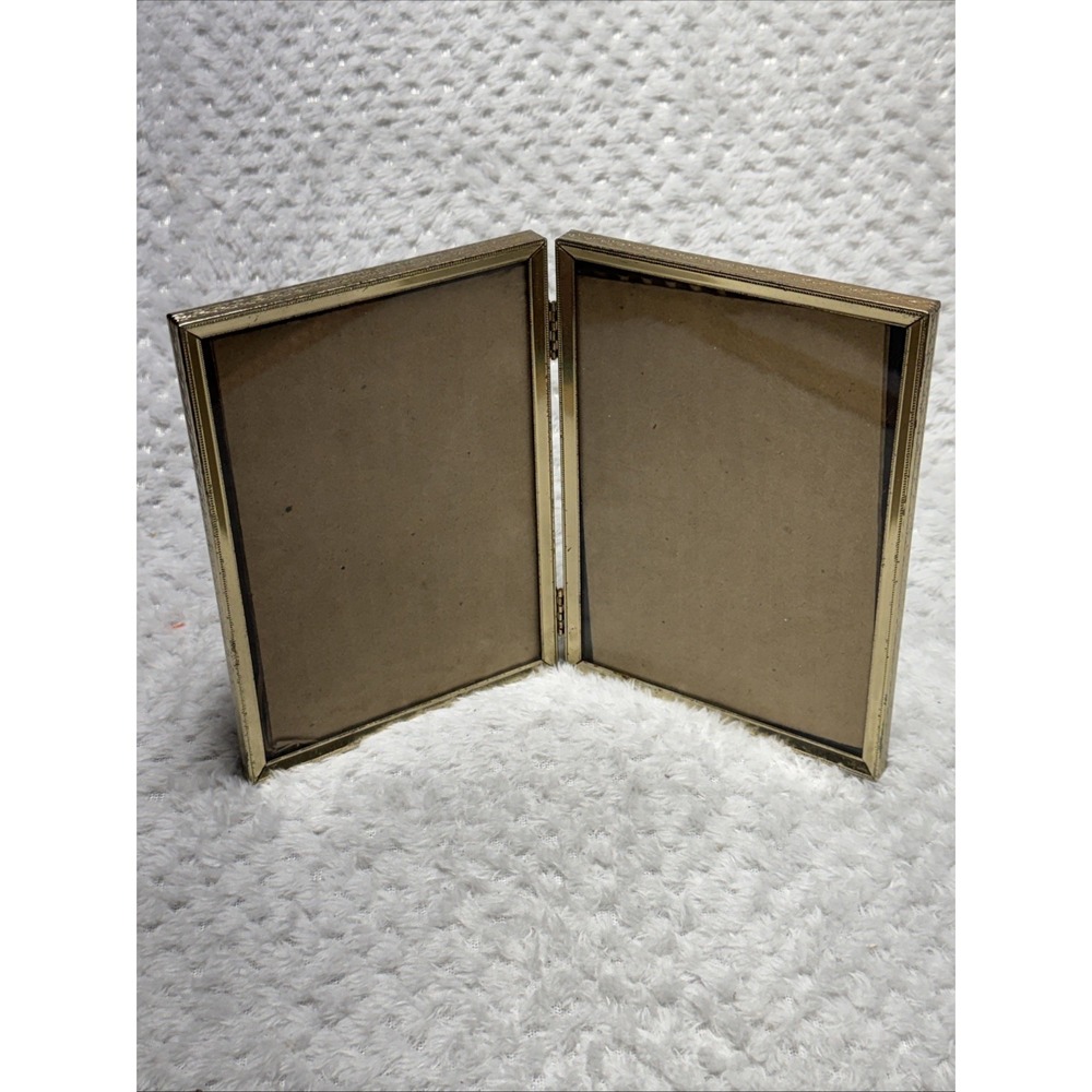 VTG Gold Metal Folding Double Picture Frame 5x7 Embossed Floral Hinged Bi-Fold